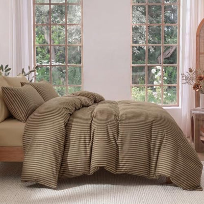 Bedbay Brown Striped Duvet Cover Set, 100% Cotton 300TC Sateen King Size Duvet Cover, Mocha Brown Fine Stripe Bedding, Soft Smooth Breathable Warm Neutral Set, 3 Pieces