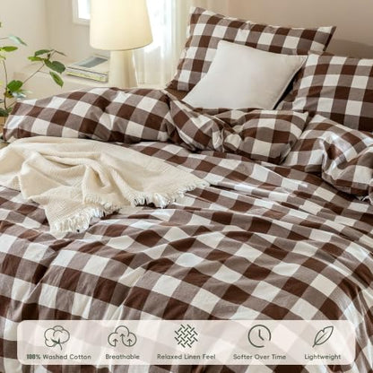 JIYUAN King Washed Cotton Duvet Cover Set, 3-Piece, Buffalo Check