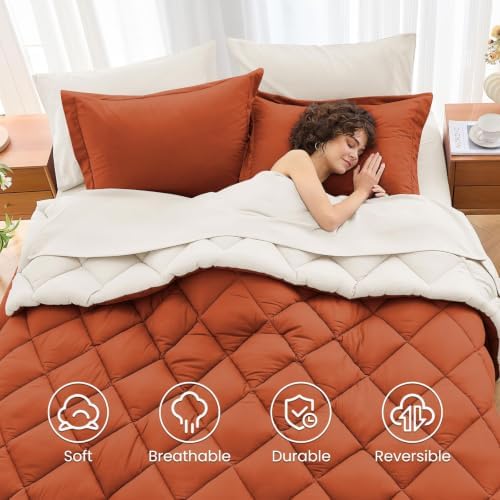 MUXHOMO 7 Pieces California King Comforter Set, Reversible Bed in a Bag Cal King Size, All Season Bedding Set with Comforter, Flat Sheet, Fitted Sheet, Pillowcases & Shams, Burnt Orange & Beige