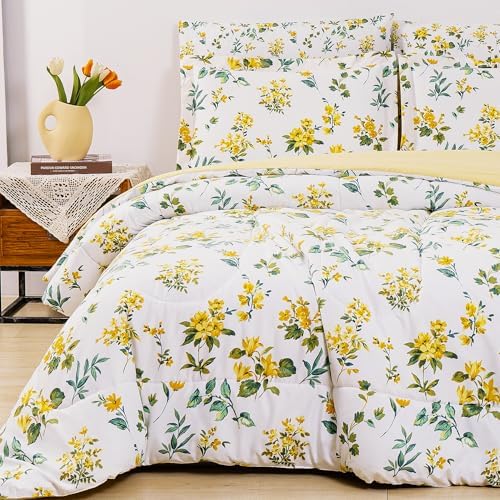 lasoftan Floral King Comforter Set with Sheets, 7 piece Luxury Vintage Bedding, Soft Microfiber Bed in a Bag, Cozy Lightweight Bed Set, Yellow Flower Green Leaves
