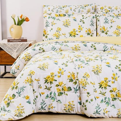 lasoftan Floral Queen Comforter Set with Sheets, 7 piece Luxury Vintage Bedding, Soft Microfiber Bed in a Bag, Cozy Lightweight Bed Set, Yellow Flower Green Leaves