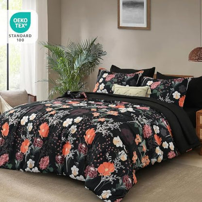 Full Size Comforter Set,Dark Black Red Floral Bedding Comforter Set 7 Piece