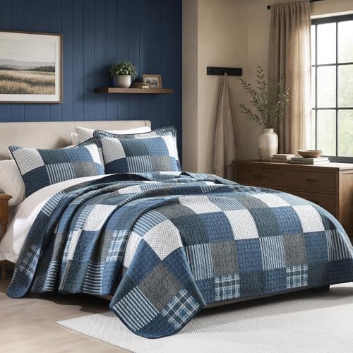 Quilta 100% Cotton Quilt Set, Navy/Black/White Plaid Bedspread Queen Size