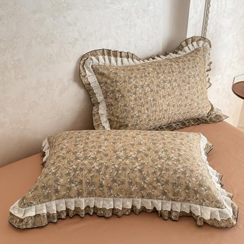 VM VOUGEMARKET Cotton Muslin Duvet Cover Queen Vintage Tan Floral Bedding Set with Ruffles,Soft,Breathable Linen Like Gauze Comforter Cover with Zipper Closure 90"x90"