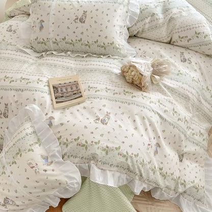 VM VOUGEMARKET Ruffle Duvet Cover Twin with Leaves Rabbit Pattern Reversible Green Grid Duvet Cover with Zipper Ties 100% Cotton Romantic Girls White Lace Comforter Cover with 2 Pillow Shams