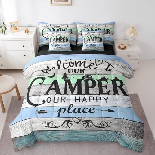 Erosebridal Kids Camping 7 Piece Bedding Sets Full,Rustic Farmhouse Old Barn Door Comforter Set Bed in a Bag,Woodland Camper Car Bed Sheets,Cartoon Camper Duvet Set,Vintage Style Camping Theme Quilt
