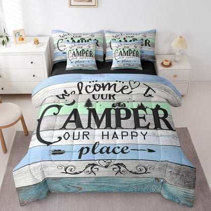 Erosebridal Kids Camping 7 Piece Bedding Sets Full,Rustic Farmhouse Old Barn Door Comforter Set Bed in a Bag,Woodland Camper Car Bed Sheets,Cartoon Camper Duvet Set,Vintage Style Camping Theme Quilt