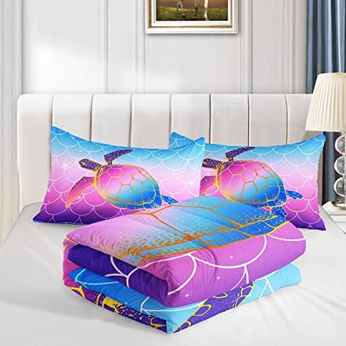 HOSIMA Mermaid Fish Scales Bedding Sets,Sea Turtle Comforter Rainbow Bedding Glitter Star Themed Full Comforter Set for Girls Kids Room Decor,Bed Set for Girls with 2 Pillowcases.