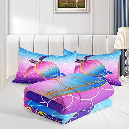 HOSIMA Mermaid Fish Scales Bedding Sets,Sea Turtle Comforter Rainbow Bedding Glitter Star Themed Full Comforter Set for Girls Kids Room Decor,Bed Set for Girls with 2 Pillowcases.