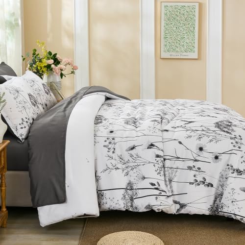 Yiran King Comforter Size Set, 7 Piece Grey Dandelion Floral Bed in a Bag