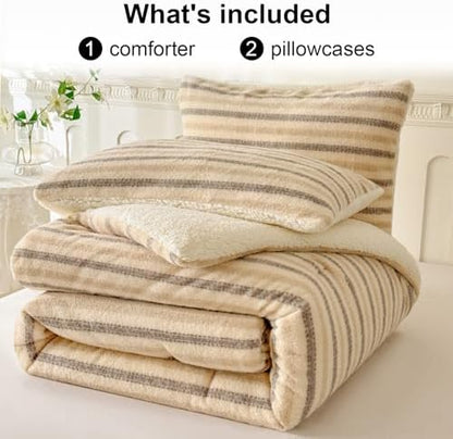 Cyusri Striped Sherpa Comforter Set 3Pcs Fluffy Warm Fleece Down Alternative, Beige Grey Bedding Set with 2 Pillowcases, King Size 104"x90"