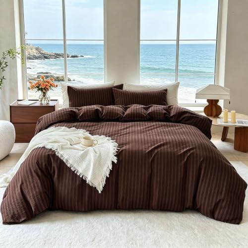 Striped Duvet Cover Set Queen Size 3 Piece 100% Washed Cotton Linen Like Textured Bedding Comfy Breathable (Queen, Double Stripe-Espresso Brown/Black)