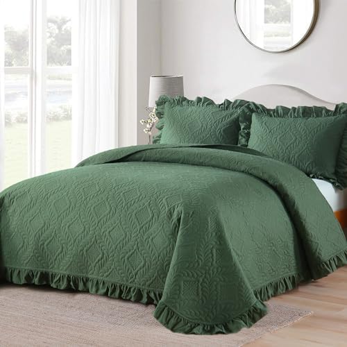 DJY Queen Quilt Set, 3 Pieces Ruffled Bedspreads Quilt, Olive Green