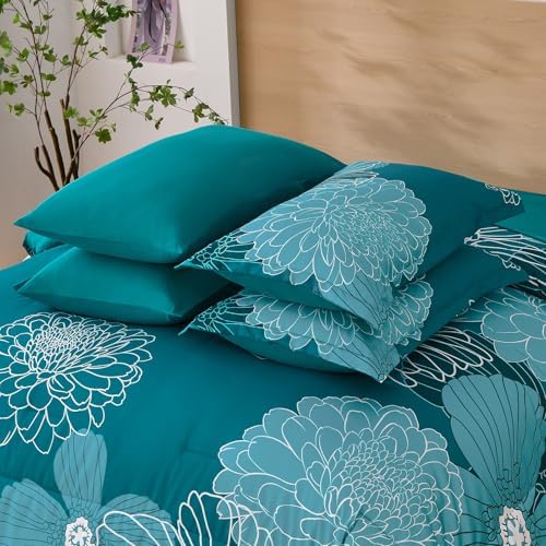 California King Comforter Set,Teal Elegant Floral Print Bed in a Bag 7 Pieces Comforter,Ultra Soft & Breathable Soft Microfiber Boho Bedding Set with Flat Sheet Fitted Sheet Pillowshams Pillowcases