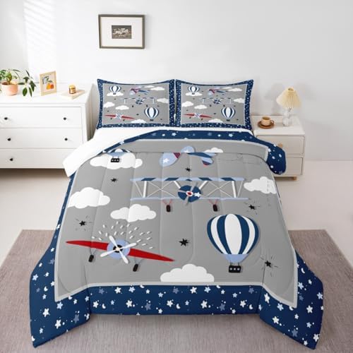 Castle Fairy Airplane Comforter Set Twin for Boys, Kids Aviation Bedding Set with Airplane, Clouds & Stars Design, Soft Lightweight Microfiber Quilt for Toddler Bedroom Decor, Blue Gray