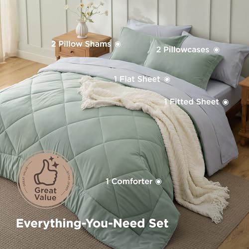 Bedsure Bed in a Bag Full Reversible Bed Set 7 Pieces Sage Green/Light Grey