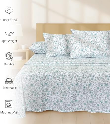RUVANTI 100% Cotton Percale King Sheets, Crisp and Soft, Wildflower Nest