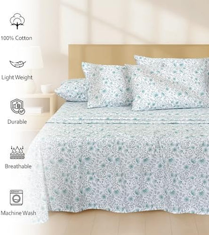 RUVANTI 100% Cotton Percale King Sheets, Crisp and Soft, Wildflower Nest