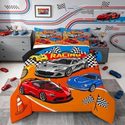 Feelyou Boys Race Car Comforter Set All Season Sports Racing Car Bedding Set with 2 Pillow Cases Extreme Sports Microfiber Kids Full Bedclothes Bedroom Decor Duvet Quilt Breathable Soft Lightweight