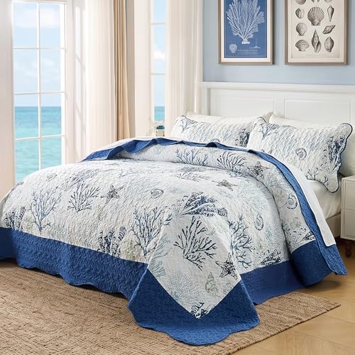Qucover Coastal California King Quilt 118"x106", Ocean Beach Themed Bedding Set with Pillowcase, Soft Lightweight Reversible Microfiber Nautical Coverlet, Oversized King Bedspread for Summer,Navy Blue