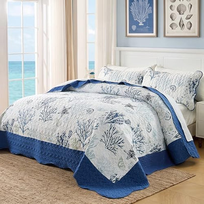 Qucover Coastal California King Quilt 118"x106", Ocean Beach Themed Bedding Set with Pillowcase, Soft Lightweight Reversible Microfiber Nautical Coverlet, Oversized King Bedspread for Summer,Navy Blue