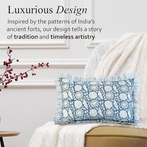 CPC Block Print Blue Meadow Ruffle Cotton Lumbar Pillow Cover 12x20 inch