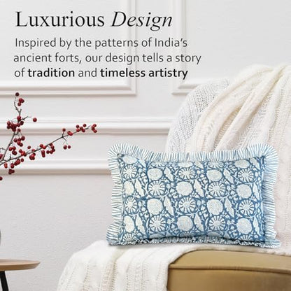 CPC Block Print Blue Meadow Ruffle Cotton Lumbar Pillow Cover 12x20 inch