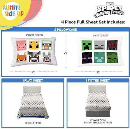 Sunny Side Up Minecraft Creeper & Animals Full Sheet Set - 4 Piece Kids Bedding Set Includes Pillow Cover - Super Soft Microfiber Sheets