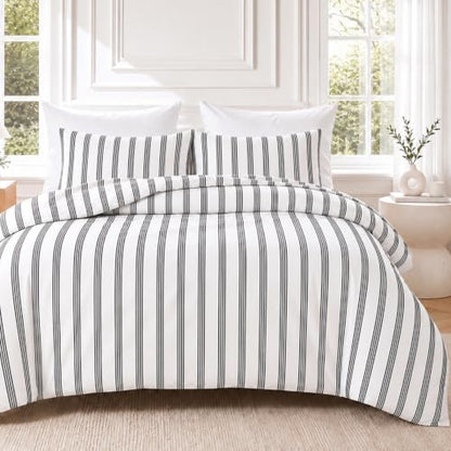 Bedbay Striped Queen Duvet Cover Set, 100% Cotton 300TC Sateen, Black White Stripe Bedding, Soft Smooth Breathable Hotel-Inspired Set, 3 Pieces with Zipper & 8 Corner Ties