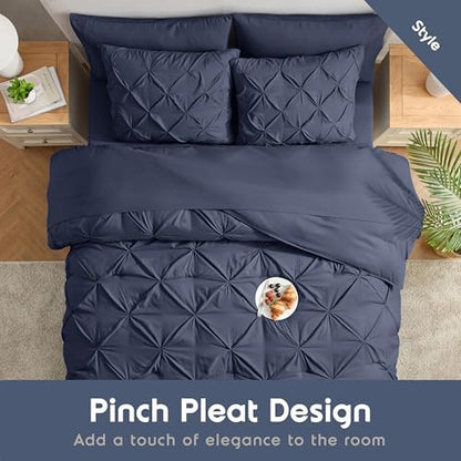 Nestl 9 Piece Full Comforter Set – Navy Pinch Pleated Bed in a Bag – Complete Full Size Bedding Set with Sheets, Set of 2 Cooling Pillows, Pillowcases and Shams