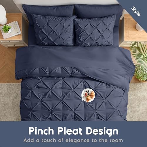 Nestl 9 Piece King Comforter Set – Navy Pinch Pleated Bed in a Bag – Complete King Size Bedding Set with Sheets, Set of 2 Cooling Pillows, Pillowcases and Shams