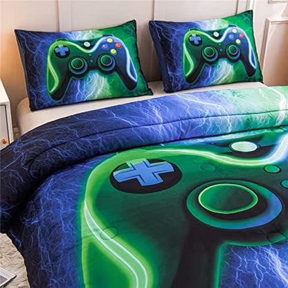 Meeting Story Gamer Gaming Bedding Sets Red Blue Lightnings Gamepad Comforter Set for Boys Games Console Action Buttons Novelty Colorful Modern Room Decor Home Quilt Set (Blue-Green, Twin)