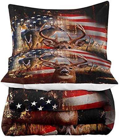 LUVIVIHOME 2PCS Hunting Deer Comforter Set, Camo Comforter, Twin Bed Set, Patriotic American Flag Hunter Woodland Forest Animal Elk Moose Wildlife Cabin Country Rustic Bedding Quilt, 1 Pillow Sham