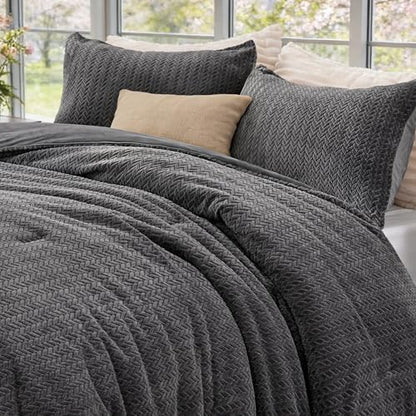 ChiXpace Fleece King Size Comforter Set Grey, Fluffy Bed Set 3 Pieces
