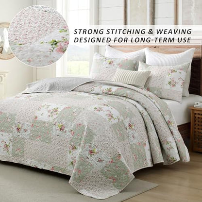 HIARUO Quilt Set Queen Size 3 Pieces Floral Patchwork Comforter Bedspread Boho Plaid Coverlet Reversible Lightweight Farmhouse Bedding with 2 Pillow Covers Shams for All Season, Green Pink