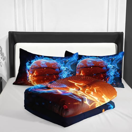 Nttopship Fire Basketball Comforter Set Queen Size,100% Soft Ultra-fine Fiber Four Season Sport Basketball Comforter Set with 1 Comforter and 2 Pillow Case