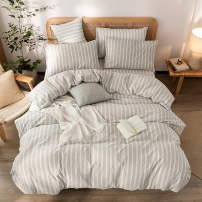BESTOUCH Striped Cotton Duvet Cover Set Linen Feel Full