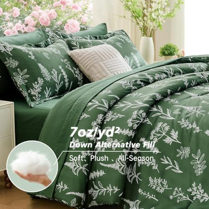 MUXHOMO Oversized King Comforter Set, Dark Green Elegant Floral Print Bed in a Bag 7 Pieces, Soft & Breathable Reversible Botanical Pattern Bedding Set with Comforter, Sheets, Pillowcases & Shams