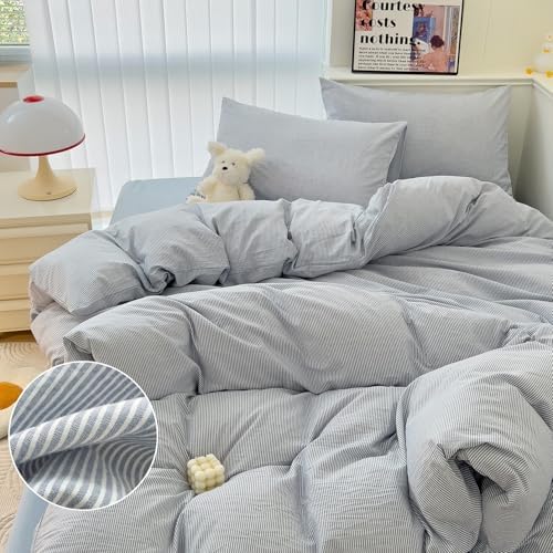 mixinni Striped Duvet Cover Set- 100% Washed Cotton Blue Comforter Cover with White Pinstripe Stripes Pattern Printed Bedding Set with Zipper Closure, 3 Pieces, Twin XLSize