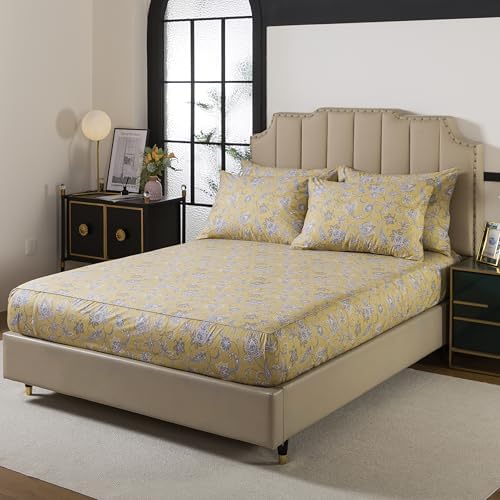 FADFAY 100% Cotton Queen Sheet Set, Olive Green Paisley Floral Bed Sheets, Deep Pocket Fitted Sheet, Pet-Friendly Soft Breathable Cozy Bedding for All Seasons, 4-Piece