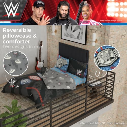 WWE Wrestlemania Bedding Set, Super Soft Microfiber Comforter & Sheet Set, 4-Piece Twin, (Officially Licensed Product) by Franco