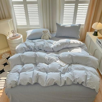 LifeTB Blue Gingham Comforter Set Queen Size Modern Style Plaid Checkered Comforter with 2 Pillowcases Fluffy Soft Grid Bedding Set Farmhouse Gingham Bedding Comforter Set for All Seasons