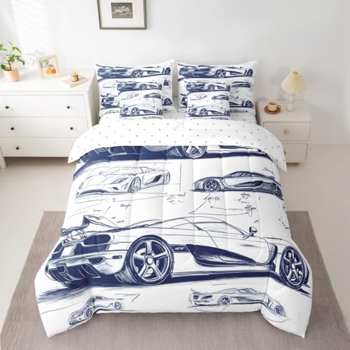 Feelyou Navy Blue Race Car Comforter Set with Sheets 7 Piece King Size Speed Sports Car Bedding Set for Kids Boys Girls Extreme Sports Bed in a Bag Room Decor Soft Lightweight Microfiber
