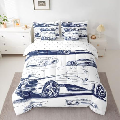 Feelyou Navy Blue Race Car Comforter Set with Sheets 7 Piece Twin Size Speed Sports Car Bedding Set for Kids Boys Girls Extreme Sports Bed in a Bag Room Decor Soft Lightweight Microfiber