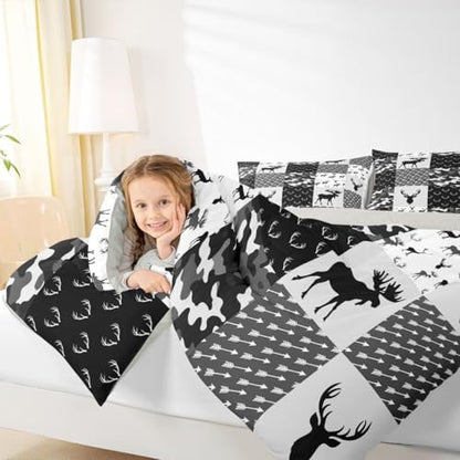 Erosebridal Deer Comforter Set for Boys, Grey Black Camo Down Comforter Boho Antlers Silhouette Bedding Set Kids Teens Camouflage Grunge Arrows Pattern Duvet Sets with 2 Pillow Cases, Queen Size
