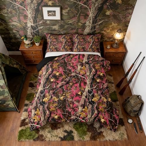 Feelyou Woods Pink Camouflage Comforter Set Camo Print Bedding Set for Kids Boys Girls Cabin Rustic Comforter Farmhouse Quilt Set Room 3Pcs King Size