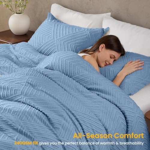 JOLLYVOGUE Queen Comforter Set, Boho Tufted 3-Piece Bedding Set, Dusty Blue