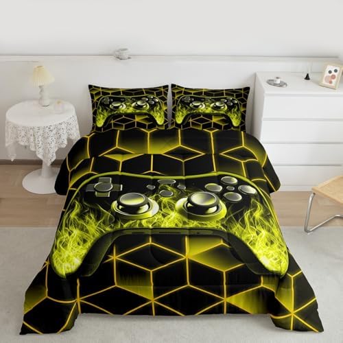 Yellow Kids Bedding Sets for Gamer Boys, Neon Geometric Twin Comforter Set, 3D Geometric Kids Twin Bedding Set with Flame Game Consoles Gamer Decor