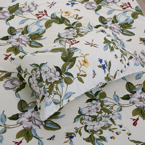 FADFAY Shabby Floral Sheets California King 100% Cotton 600 TC White Flower and Green Leaves Bedding Vintage Garden Botanical Print Country Side Bed Sheet Soft Hypoallergenic Deep Pocket Sheet 17.5''