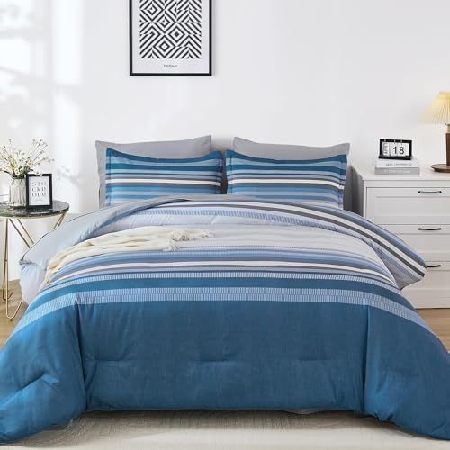 Dobuyly Grayish Blue King Size Comforter Set 7 Piece, Boho Striped Bed in a Bag Soft Microfiber All Season, Blue and Grey Bedding Set with Comforter, Sheets, Pillowcases & Shams